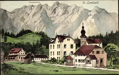 Künstler Ak Sankt Leonhard Grödig in Salzburg, Drachenloch, Ortschaft, Kirche