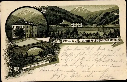 Litho Unterschönberg Schönberg im Stubaital in Tirol, Gasthaus zur Stefansbrücke, Serlesspitze