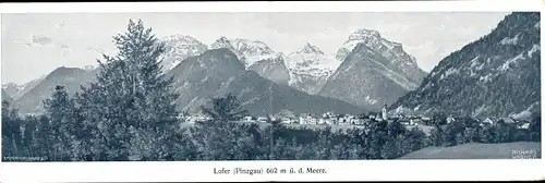 Klapp Ak Lofer in Salzburg, Panorama der Ortschaft, Bergkamm, Gasthof zum Bräu, Inh. Rothbacher