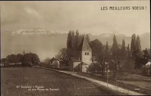 Ak Saint Sulpice Kt. Waadt Schweiz, L'Eglise et les Alpes de Savoie