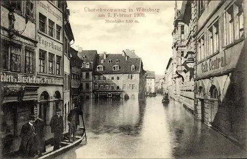 Ak Würzburg am Main Unterfranken, Hochwasser 1909, Café Central, Geschäft J. Kuhn, Lagerhaus