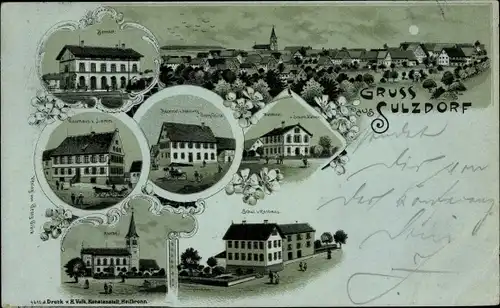 Mondschein Litho Sulzdorf Schwäbisch Hall BW, Bahnhof, Gasthaus zum Lamm, Schule, Kirche