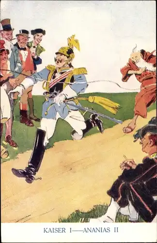 Künstler Ak Kaiser Wilhelm II., Kaiser I, Ananias II, Wettlauf