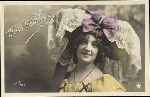 Ak Schauspielerin? Miss Williams, Portrait mit großem Hut, Sazerac Paris