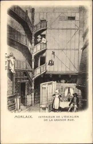 Künstler Ak Morlaix Finistère, Intérieur de l'Éscalier de la Grande Rue
