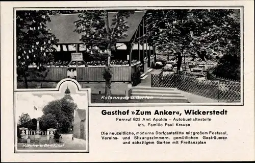 Ak Wickerstedt Bad Sulza in Thüringen, Kolonnade und Garten, Kirche und Denkmal, Gasthof Zum Anker