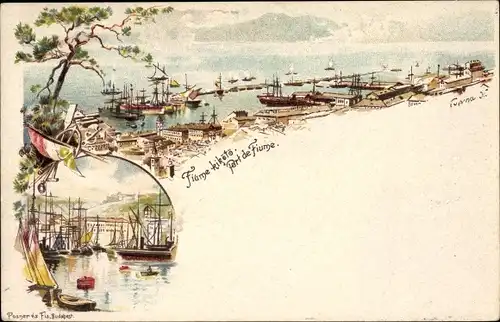 Ganzsachen Künstler Litho Rijeka Fiume Kroatien, Hafenpartie