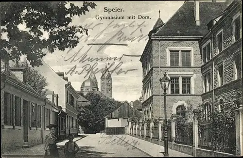 Ak Speyer am Oberrhein, Gymnasium, Dom, Straßenpartie, Straßenlaterne