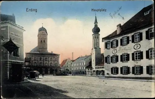 Ak Erding in Oberbayern, Hauptplatz, Schrannenhalle, Stadtturm, Rathaus, Drogerie, Stadtpfarrkirche 