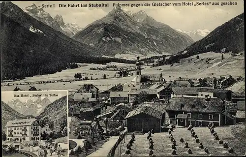 Ak Fulpmes in Tirol, Telfes, Hotel Serles, Gletscher, Kirche, Ortschaft mit Landschaftsblick