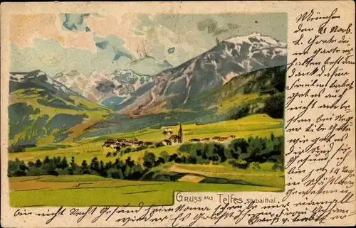 Künstler Litho Telfes im Stubai in Tirol, Ortschaft mit Landschaftsblick