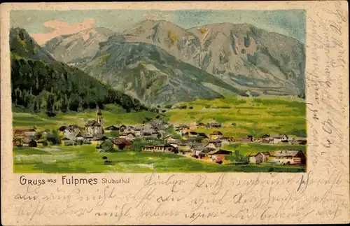 Künstler Litho Fulpmes in Tirol, Ortschaft mit Landschaftsblick