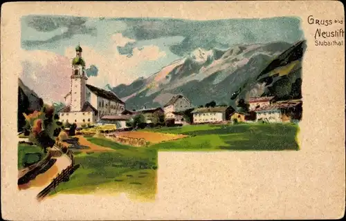 Künstler Litho Neustift im Stubaital in Tirol, Pfarrkirche Hl. Georg, Ortschaft mit Landschaftsblick