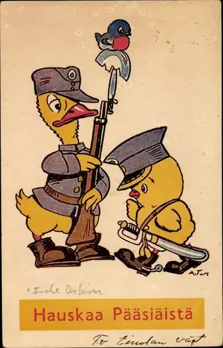 Künstler Ak Hauskaa Pääsiäistä, Glückwunsch Ostern, Küken, Ente, Gewehr, Soldaten, Vogel