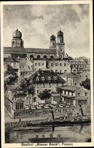 Künstler Ak Passau in Niederbayern, Gasthof zum blauen Bock, Bes. A. Wimmer, Dampfer Elbe