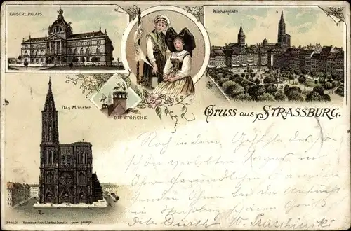 Litho Strasbourg Straßburg Elsass Bas Rhin, Kaiserliches Palais, Münster, Kleberplatz, Störche