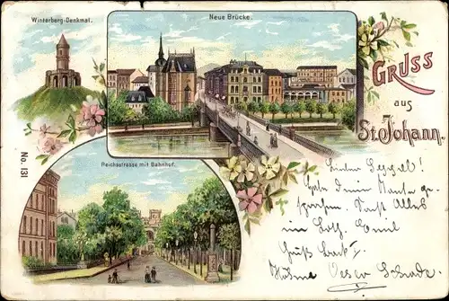 Litho St. Johann Saarbrücken, Winterberg Denkmal, Neue Brücke, Reichsstraße mit Bahnhof