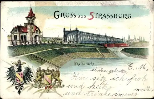 Wappen Litho Strasbourg Straßburg Elsass Bas Rhin, Rheinbrücke