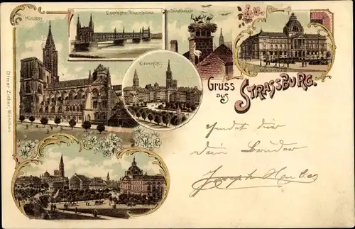 Litho Strasbourg Straßburg Elsass Bas Rhin, Münster, Kleberplatz, Eisenbahnbrücke, Storchennest