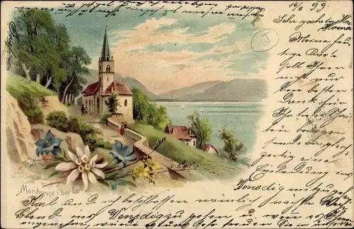 Litho Montreux Kt. Waadt Schweiz, Kapelle, Blick auf den Genfer See