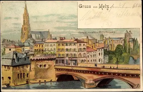 Litho Metz Moselle, Jungfernwehr und Mittelbrücke