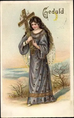 Präge Litho Allegorie Geduld, Frau in langem Kleid mit Sternen mit Kreuz in der Hand