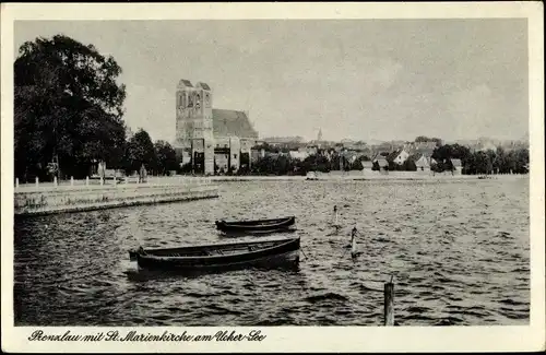 Ak Prenzlau in der Uckermark, Blick vom Ucker See zur Stadt mit St. Marienkirche