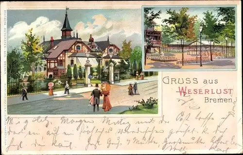 Litho Hansestadt Bremen, Gaststätte Weserlust, Eingang, Garten