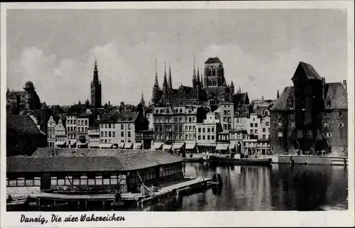 Ak Gdańsk Danzig, Die vier Wahrzeichen, Krantor, St. Marienkirche, Sternwarte, Rathausturm