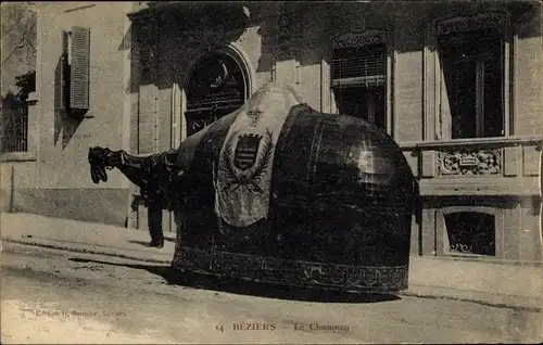 Ak Béziers Hérault, Le Chameau, Festwagen, Umzugswagen, Kamel, Wappen