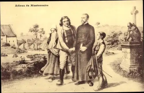 Künstler Ak Adieux du Missionnaire, Missionar, Familie, Wegkreuz