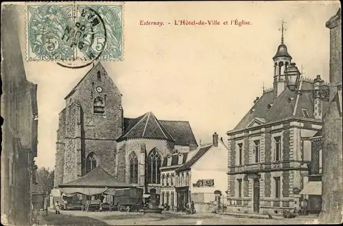 Ak Esternay Marne, L'Hôtel de Ville, l'Église, Rathaus, Kirche