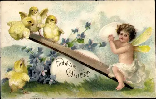 Präge Litho Glückwunsch Ostern, Engel mit Ei und Küken auf einer Wippe, Veilchenblüten