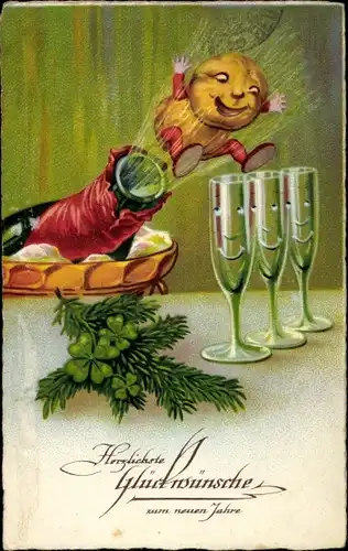 Ak Glückwunsch Neujahr, Korken fliegt aus Sektflasche, Kleeblätter, Sektgläser