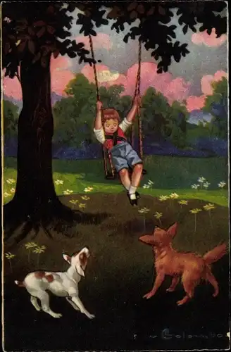 Künstler Ak Colombo, E., Junge auf einer Schaukel, Hunde