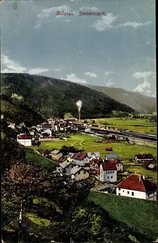 Ak Selztal Steiermark, Totalansicht vom Ort, Bahnstrecke