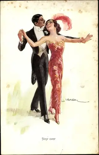 Künstler Ak Usabal, Step over, tanzendes Paar, Mann im Smoking, Frau in rotem Kleid