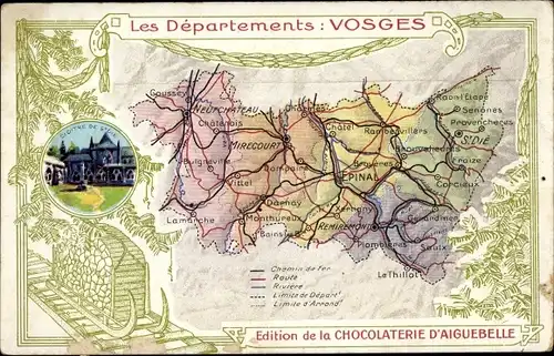 Landkarten Ak Lothringen Vosges, Mirecourt, Épinal, Cloître de St. Die, Chocolaterie d'Aiguebelle