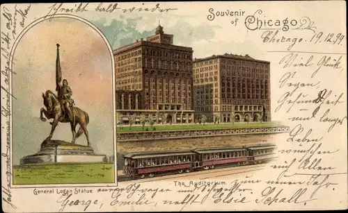 Litho Chicago Illinois USA, Auditorium, General Logan Statue, Personenzug