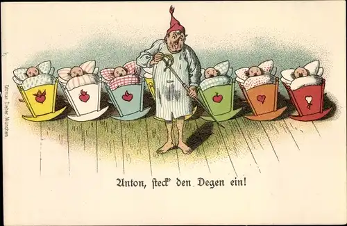 Litho Anton, steck den Degen ein, Vater mit sechs Kindern, Humor