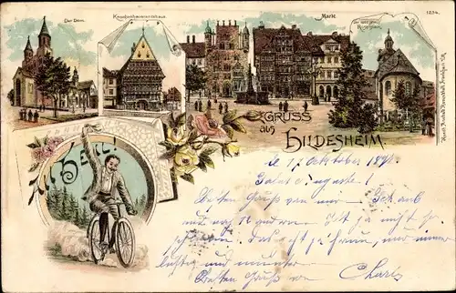 Litho Hildesheim in Niedersachsen, Dom, Knochenhaueramtshaus, Markt, Fahrradfahrer, All Heil