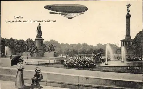 Ak Berlin Tiergarten, Siegessäule und Bismarck Denkmal, Zeppelin