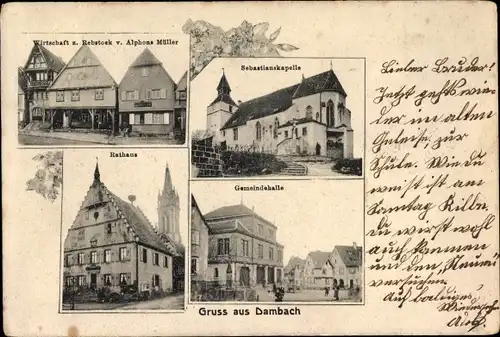 Ak Dambach la Ville Dammbach Elsass Bas Rhin, Wirtschaft zum Rebstock, Sebastianskapelle, Rathaus