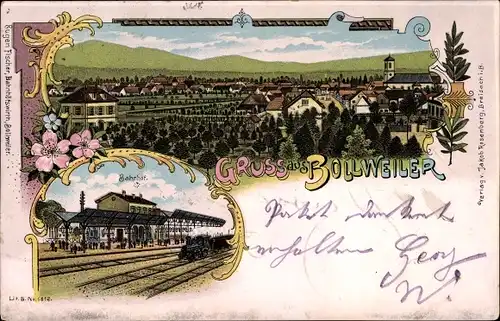 Litho Bollwiller Bollweiler Elsass Haut Rhin, Bahnhof, Totalansicht