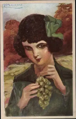 Künstler Ak Mauzan, Junge Frau mit Weintrauben, Portrait