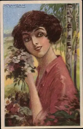 Künstler Ak Mauzan, Junge Frau mit Blumen, Portrait