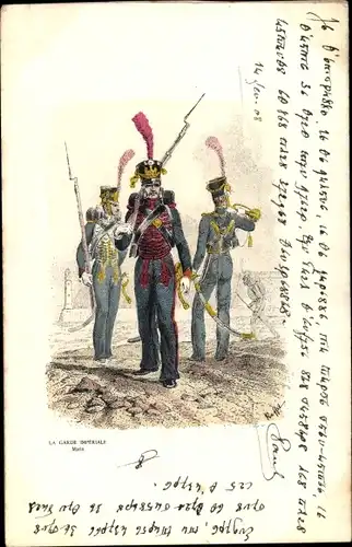 Künstler Ak La Garde Impériale, Marin, französische Soldaten in Uniformen, Bajonette
