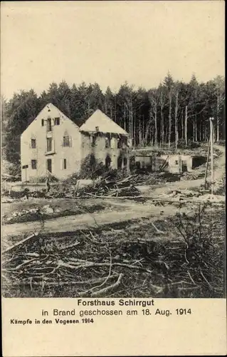 Ak Molsheim Elsass Bas Rhin, Forsthaus Schirrgut, in Brand geschossen am 18.8.1914, I. WK