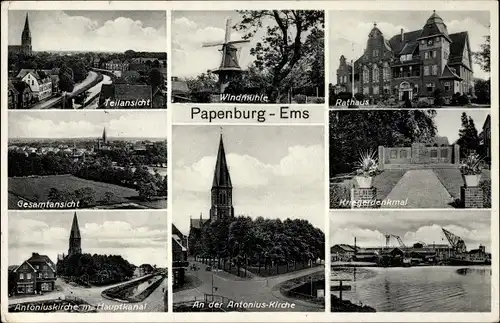 Ak Papenburg im Emsland, Teilansicht, Antoniuskirche, Kriegerdenkmal, Rathaus, Windmühle