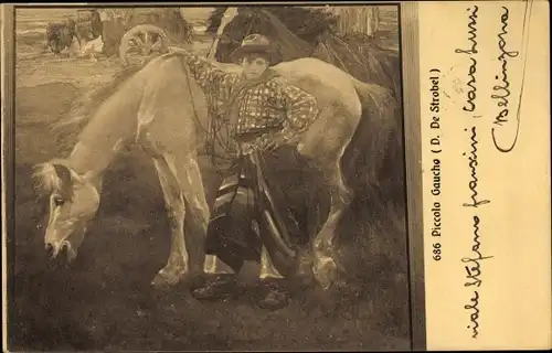 Künstler Ak De Strobel, D., Piccolo Gaucho, Junge, Cowboy, Pferd